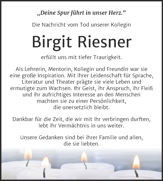 Traueranzeige von Birgit Riesner von Trauerkombi Bernburg