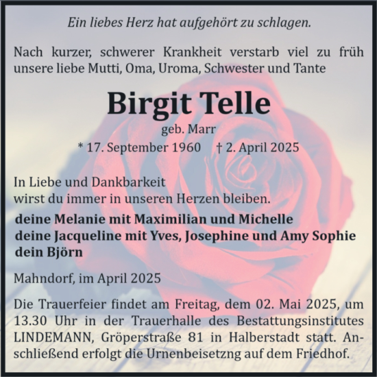 Traueranzeige von Birgit Telle von Volksstimme Halberstadt