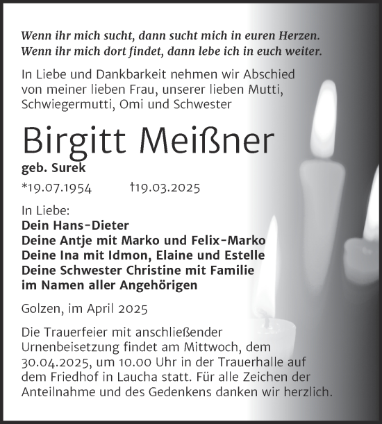 Traueranzeige von Birgitt Meißner von Super Sonntag Naumburg/Nebra