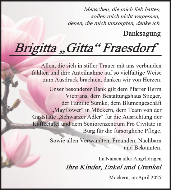 Traueranzeige von Brigitta Fraesdorf von Volksstimme Burg/Genthin