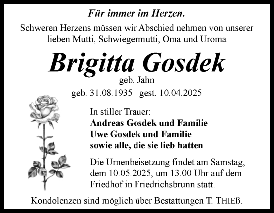 Traueranzeige von Brigitta Gosdek von Trauerkombi Quedlinburg