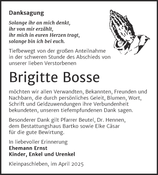 Traueranzeige von Brigitte Bosse von Trauerkombi Köthen