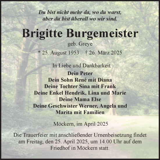 Traueranzeige von Brigitte Burgemeister von Volksstimme Burg/Genthin