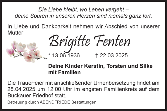 Traueranzeige von Brigitte Fenten von Volksstimme Magdeburg