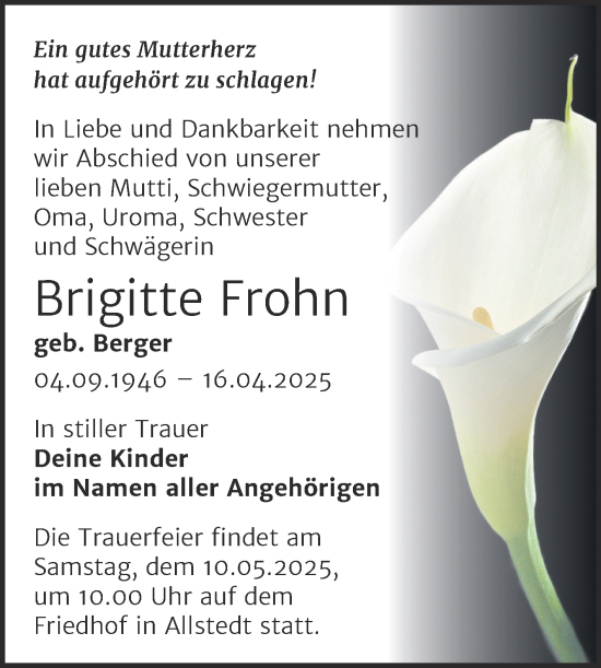 Traueranzeige von Brigitte Frohn von Trauerkombi Sangerhausen