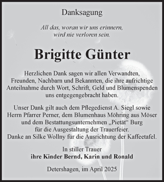 Traueranzeige von Brigitte Günter von Volksstimme Burg/Genthin