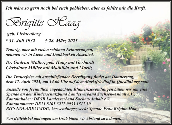 Traueranzeige von Brigitte Haag von Trauerkombi Quedlinburg