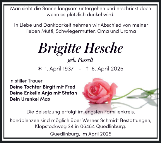 Traueranzeige von Brigitte Hesche von Trauerkombi Quedlinburg