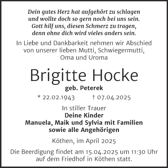 Traueranzeige von Brigitte Hocke von Mitteldeutsche Zeitung Köthen