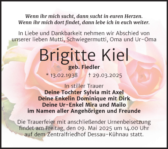 Traueranzeige von Brigitte Kiel von Trauerkombi Dessau
