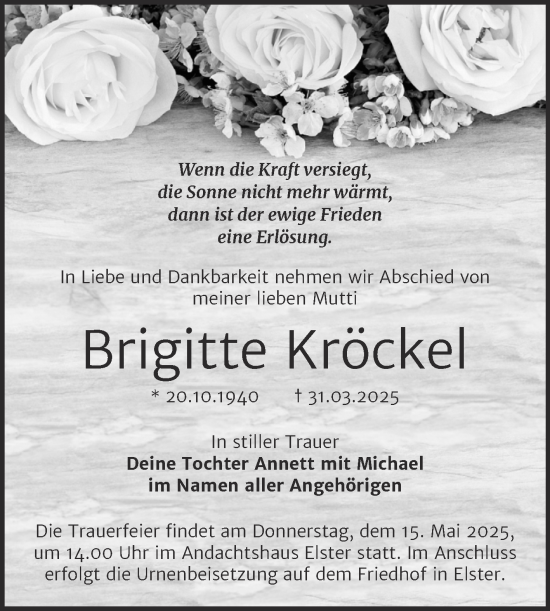 Traueranzeige von Brigitte Kröckel von Trauerkombi Wittenberg