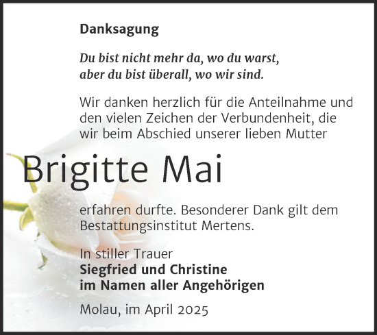 Traueranzeige von Brigitte Mai von Super Sonntag Naumburg/Nebra