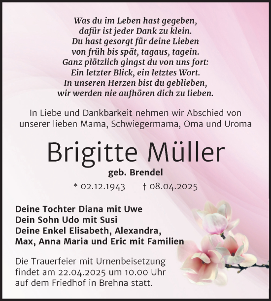 Traueranzeige von Brigitte Müller von Trauerkombi Bitterfeld