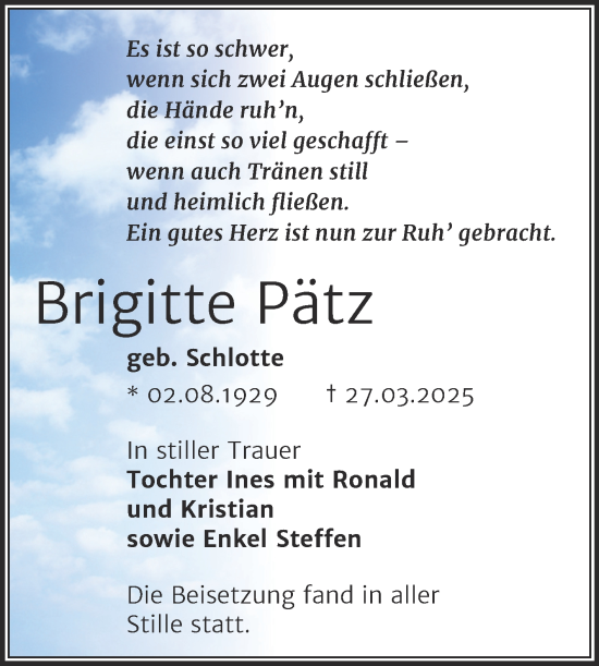 Traueranzeige von Brigitte Pätz von Mitteldeutsche Zeitung Halle/Saalkreis