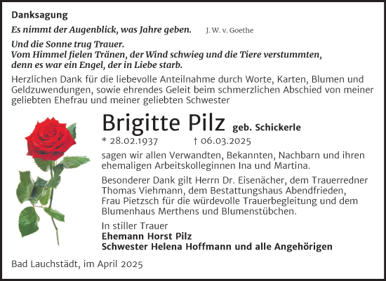 Traueranzeige von Brigitte Pilz von Trauerkombi Merseburg