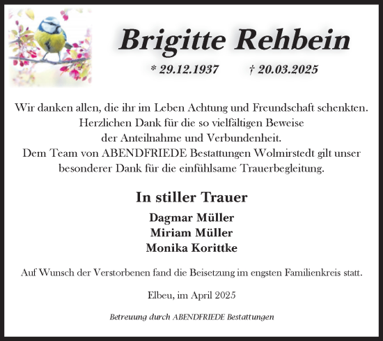 Traueranzeige von Brigitte Rehbein von Volksstimme Haldensleben/Wolmirstedt