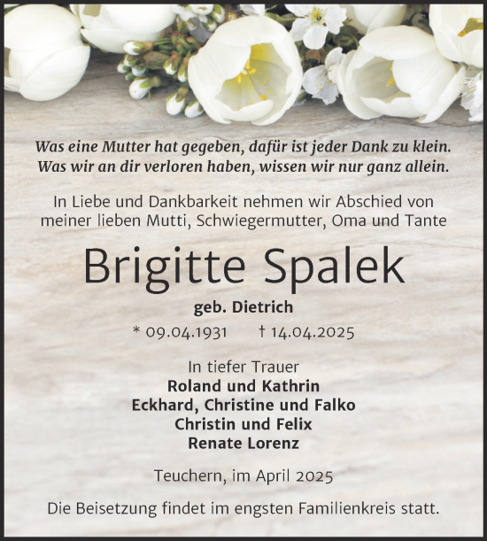 Traueranzeige von Brigitte Spalek von Trauerkombi Weißenfels
