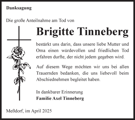 Traueranzeige von Brigitte Tinneberg von Volksstimme Altmark Ost
