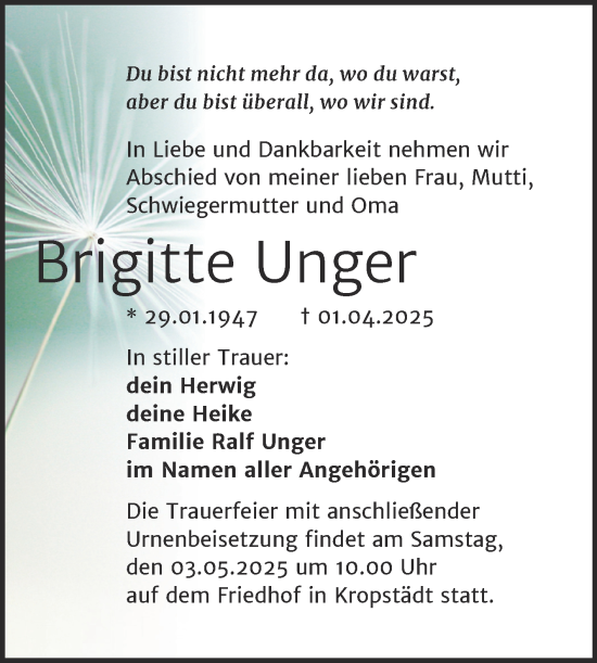 Traueranzeige von Brigitte Unger von Trauerkombi Wittenberg