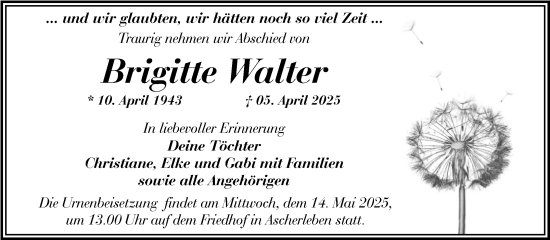 Traueranzeige von Brigitte Walter von Trauerkombi Aschersleben