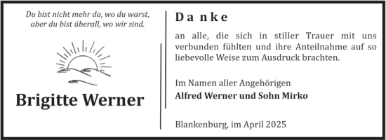 Traueranzeige von Brigitte Werner von Volksstimme Wernigerode