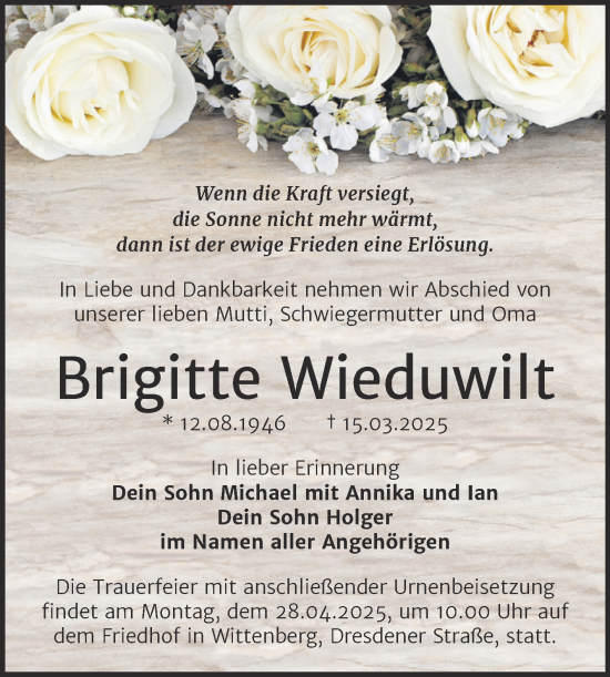 Traueranzeige von Brigitte Wieduwilt von Trauerkombi Wittenberg