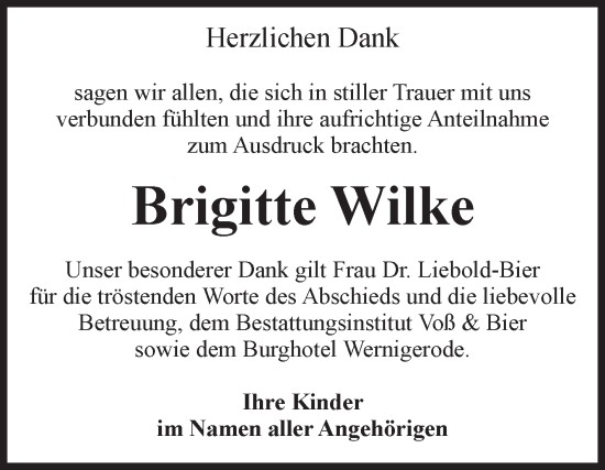 Traueranzeige von Brigitte Wilke von Volksstimme Wernigerode