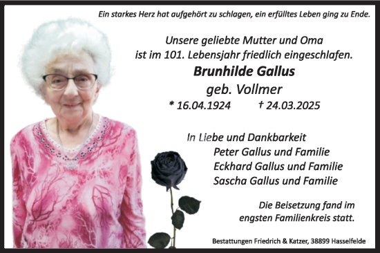 Traueranzeige von Brunhilde Gallus von Volksstimme Wernigerode
