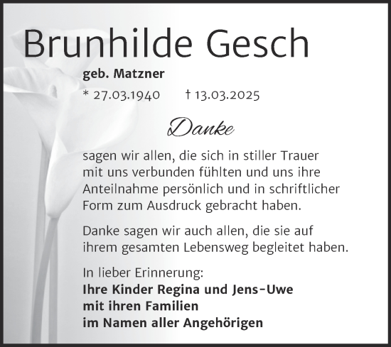 Traueranzeige von Brunhilde Gesch von Super Sonntag Naumburg/Nebra