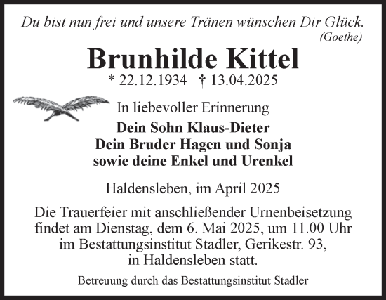 Traueranzeige von Brunhilde Kittel von Volksstimme Haldensleben/Wolmirstedt