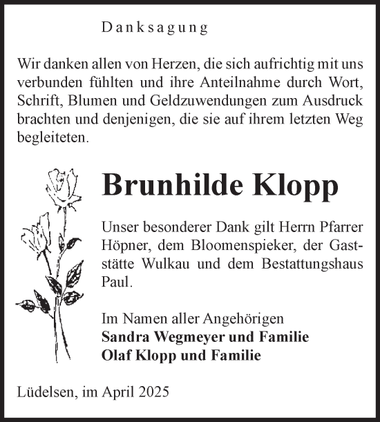 Traueranzeige von Brunhilde Klopp von Volksstimme Altmark West