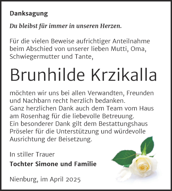Traueranzeige von Brunhilde Krzikalla von Trauerkombi Bernburg