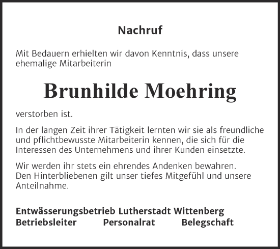 Traueranzeige von Brunhilde Moehring von Super Sonntag Wittenberg
