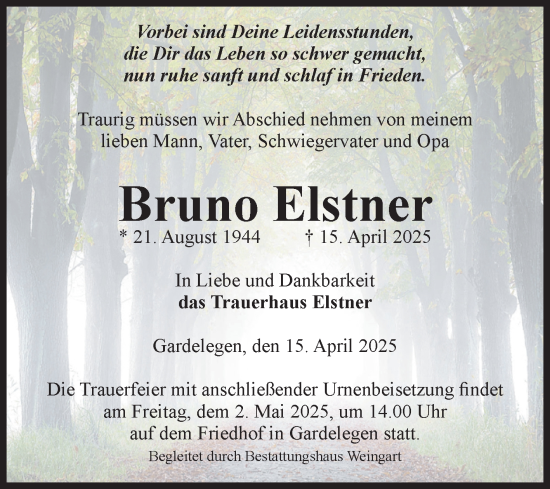 Traueranzeige von Bruno Elstner von Volksstimme Altmark West