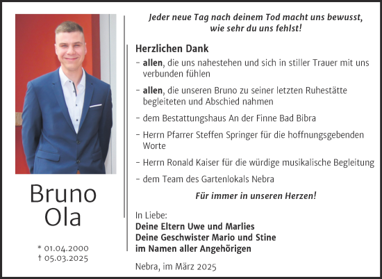 Traueranzeige von Bruno Ola von Super Sonntag Naumburg/Nebra
