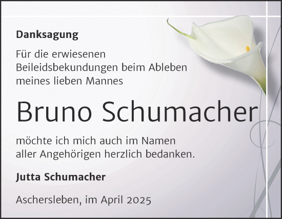 Traueranzeige von Bruno Schumacher von Trauerkombi Aschersleben