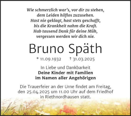 Traueranzeige von Bruno Späth von Trauerkombi Sangerhausen