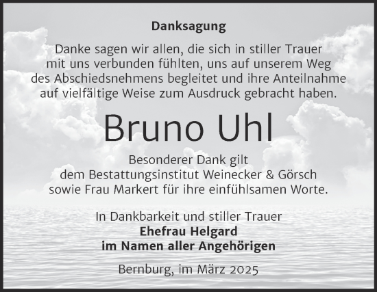 Traueranzeige von Bruno Uhl von Trauerkombi Bernburg