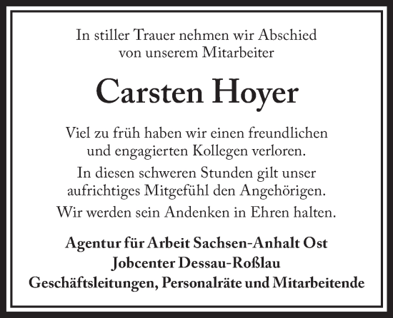 Traueranzeige von Carsten Hoyer von Mitteldeutsche Zeitung Köthen