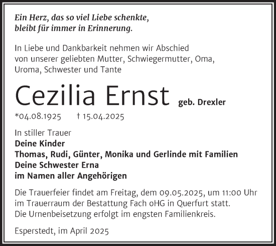 Traueranzeige von Cezilia Ernst von Trauerkombi Merseburg