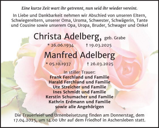 Traueranzeige von Christa Adelberg von Trauerkombi Aschersleben