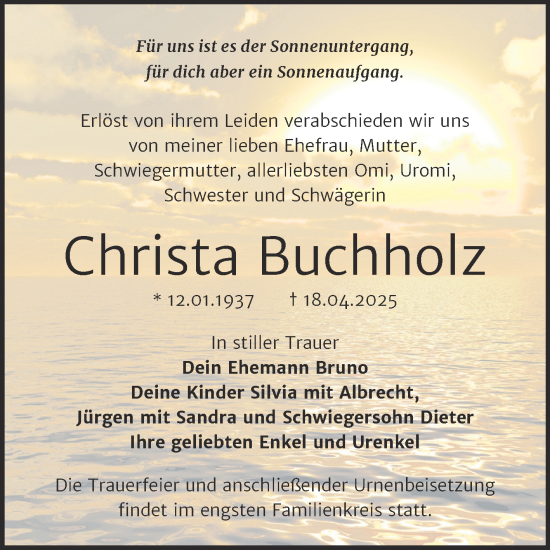 Traueranzeige von Christa Buchholz von Trauerkombi Sangerhausen