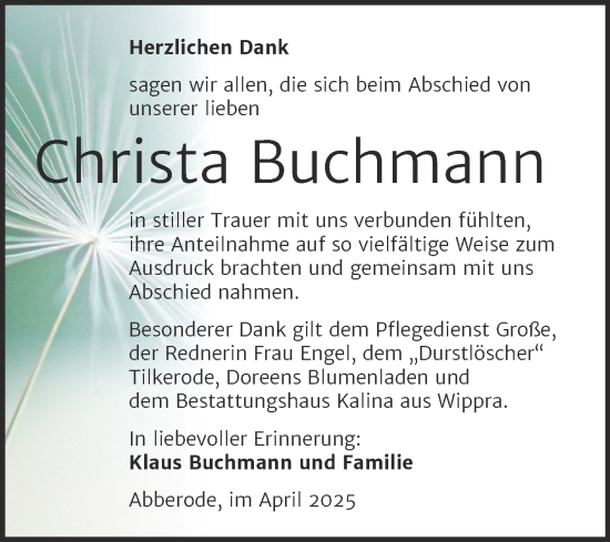 Traueranzeige von Christa Buchmann von Trauerkombi Mansfelder Land