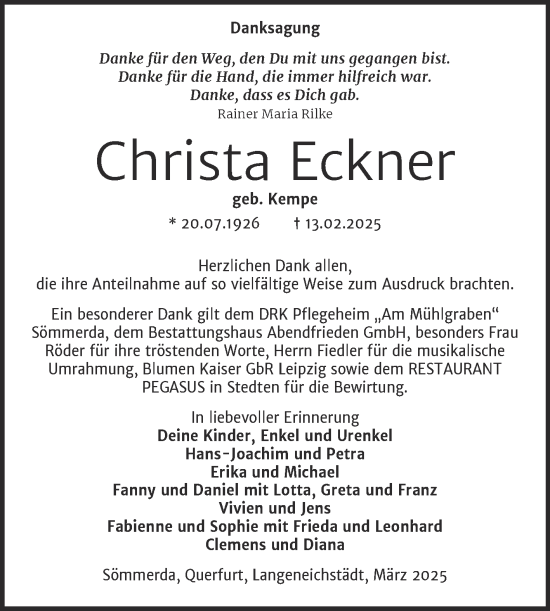 Traueranzeige von Christa Eckner von Trauerkombi Merseburg