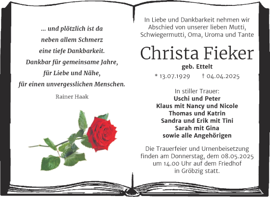 Traueranzeige von Christa Fieker von Trauerkombi Köthen