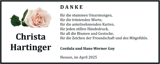 Traueranzeige von Christa Hartinger von Volksstimme Halberstadt
