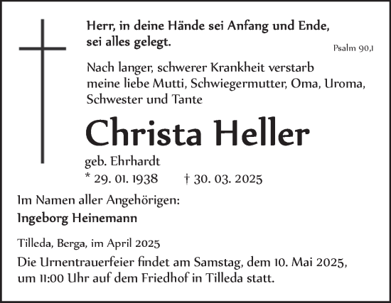 Traueranzeige von Christa Heller von Trauerkombi Sangerhausen