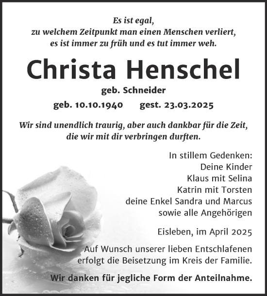 Traueranzeige von Christa Henschel von Trauerkombi Mansfelder Land