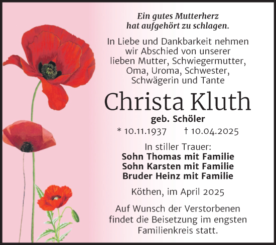 Traueranzeige von Christa Kluth von Trauerkombi Köthen