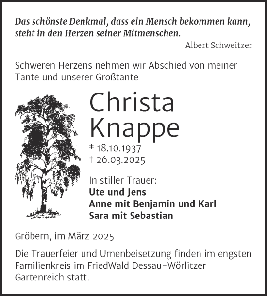 Traueranzeige von Christa Knappe von Trauerkombi Zeitz